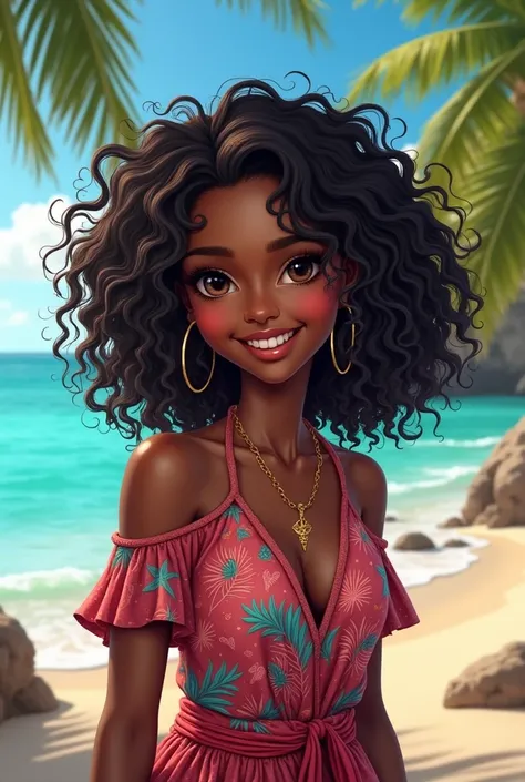 brown girl with curly hair, from an island, who likes the sea. She wears tropical clothes in the colors crimson, cyan, light cyan, dark cyan and pink.