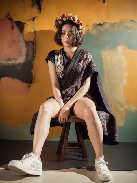 (High quality photo:1.5), 1woman, a 25y very pretty hongkong woman with (cool expression:1.2), (wearing a beauty floral crown:1.2), (sexy:1.3),sitting, (open legs:1.3), wood stool, (woolen blanket:1.4), (((sneakers))), (chubby:0.8), (perfect hairstyle:1.4)...