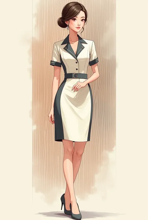 Short-sleeved female flight attendant uniform, V-neck, no collar, cream color, with dark gray details, round element color, luxurious, minimal, a little fashion, in a Lanna style, full body, the shirt and skirt are separate, from the same collection, water...