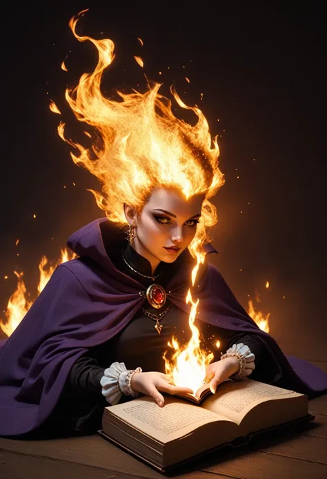 chillblaze, girl 1, witch, conjures, a book in his hand, small kattelok, fire is burning, bright colors, clear drawing of detail...