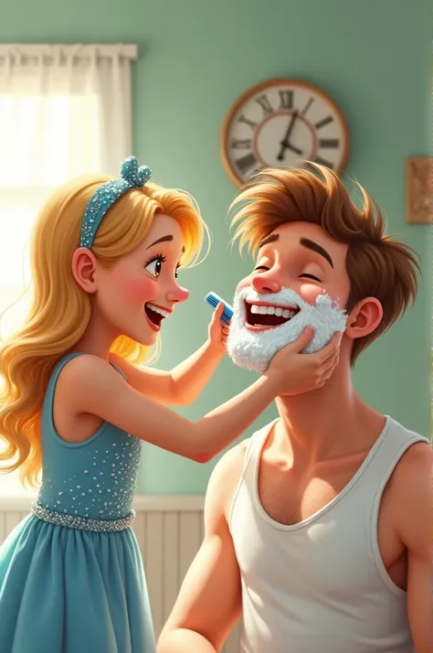 A cheerful young girl with blonde hair and a sparkling blue dress is playfully shaving foam off a mans face with a blue razor. The man, laughing with a soapy beard, has light brown hair and a joyful expression. The background features a softly lit room wit...