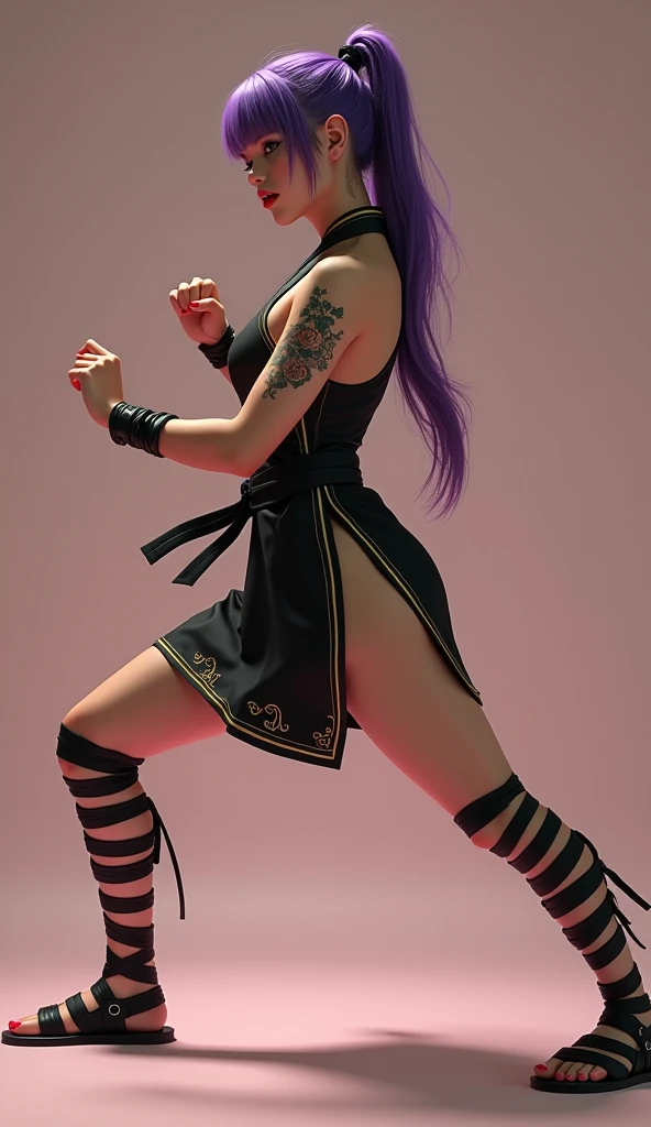 Super realistic, High Detail Face, Clean and delicate face, wide shot, 1 lady, whole body, Asymmetric, karate posture, Purple ponytail, parted bangs, Tattoo on arms, wearing a Black and gold mini cheongsam dress, sleeveless, Thighs, Leather bandages wrappe...