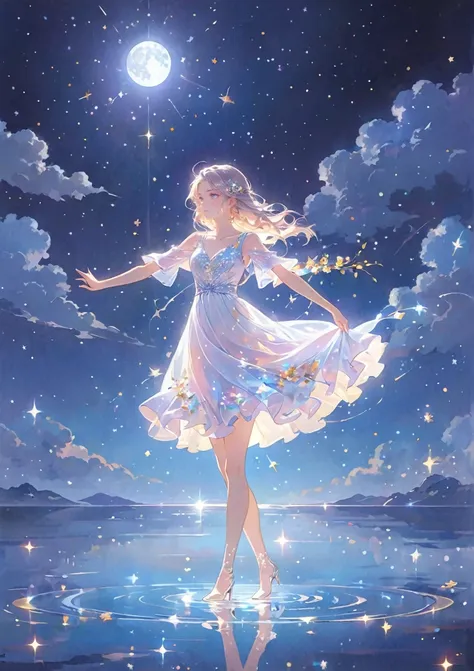 a girl standing alone under the starry night sky, with her silhouette illuminated by the soft moonlight and twinkling stars. her...