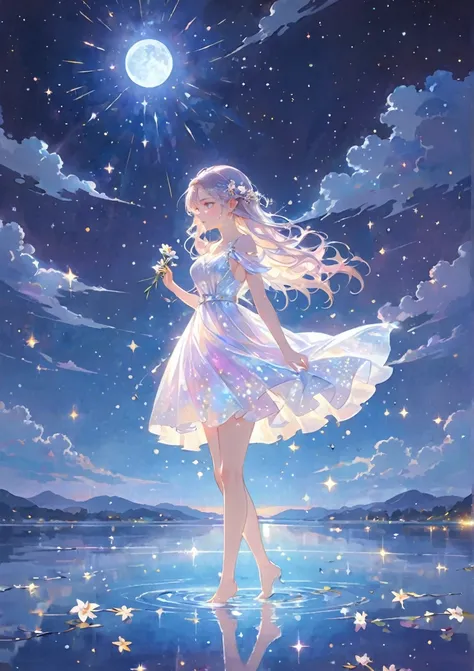 a girl standing alone under the starry night sky, with her silhouette illuminated by the soft moonlight and twinkling stars. her...