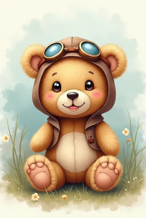 Baby aviator teddy bear in 4k in blue, green and beige colors in watercolor 
