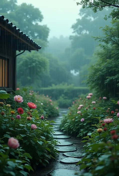 A saturated and desaturated color palette image of a home garden in the rain 