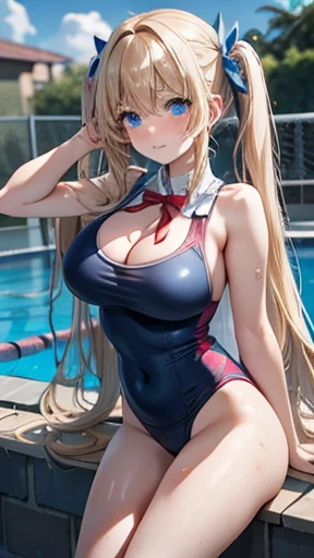 Blonde,Long twin tails,Very curled hair,Blue ribbon,Bright blue eyes,freckles,Big Breasts,teenager,Red school swimsuit,Outdoor,Poolside