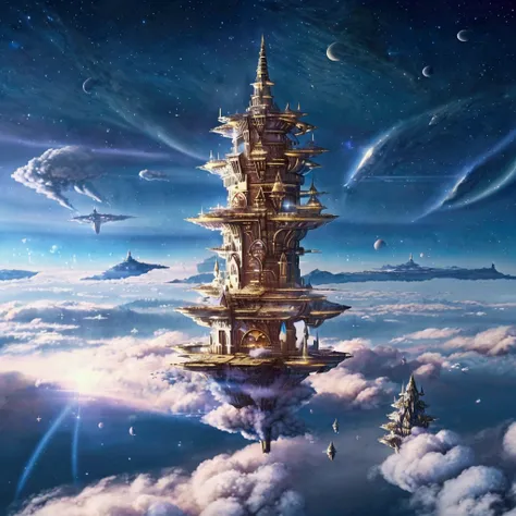 a high tower in the sky with a star on its top, floating cloud castle, cloud palace, fantasy sky city style, floating palace in ...