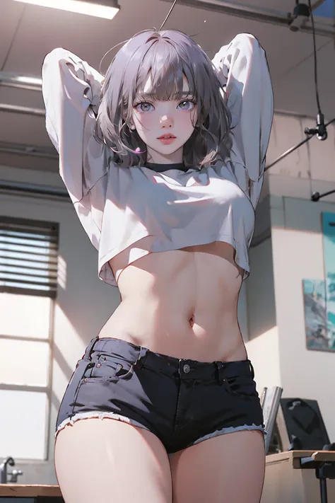 realistically、 1 person、gray hair、bobcut、purple eyes、shining eyes、(large breasts), white t-shirt, crop top, string、shooting from...