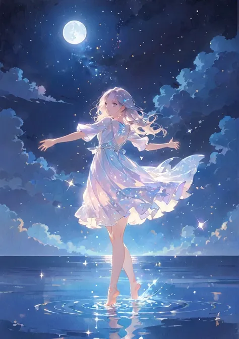 a girl standing alone under the starry night sky, with her silhouette illuminated by the soft moonlight and twinkling stars. her...