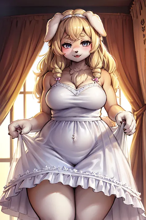 (furry,dog girl,hairy in a sheer white dress, big , plump:1.3),(highest quality,high resolution,very detailed,realistic:1.37),be...