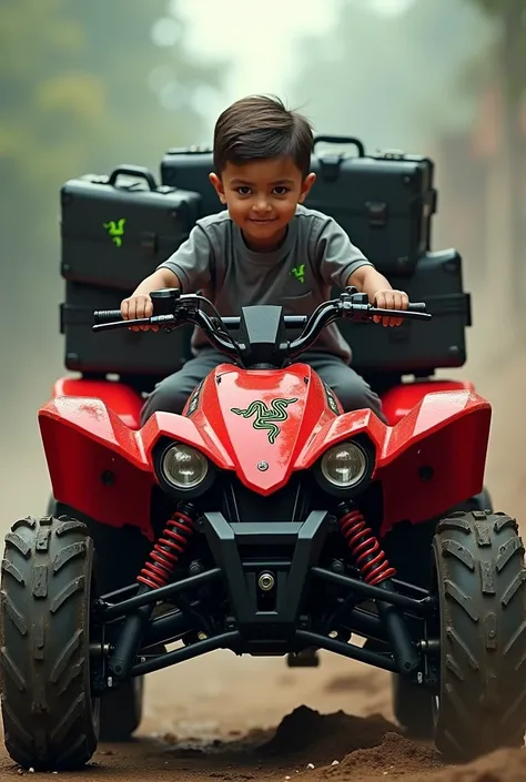 Create an image of a Razer as a red ATV with a boy on it and in the back there are briefcases of money 
