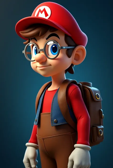 Mario bross boy with leather vest, transparent lenses, brown backpack and looking straight ahead with dark blue background 