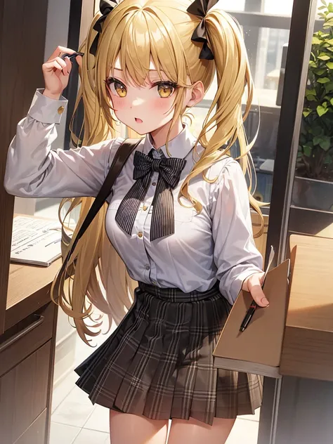 Girl with pigtails in her blonde hair and yellow eyes,marela checkered skirt, formal blouse 
, notebook in hand with rabbit cover 