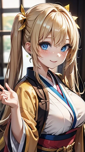 Blonde,Long twin tails,Very curled hair,Bright blue eyes,freckles,Big Breasts,teenager,Skin-tight clothing,,Golden kimono,Golden Kimono,smile,Raise your hands,