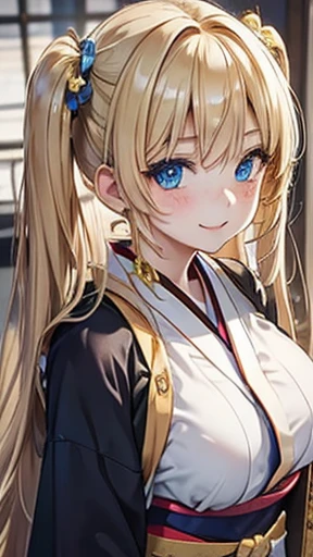 Blonde,Long twin tails,Very curled hair,Bright blue eyes,freckles,Big Breasts,teenager,Skin-tight clothing,,Golden kimono,Golden Kimono,smile,Hurrah!