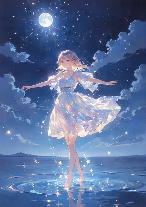 a girl standing alone under the starry night sky, with her silhouette illuminated by the soft moonlight and twinkling stars. her...