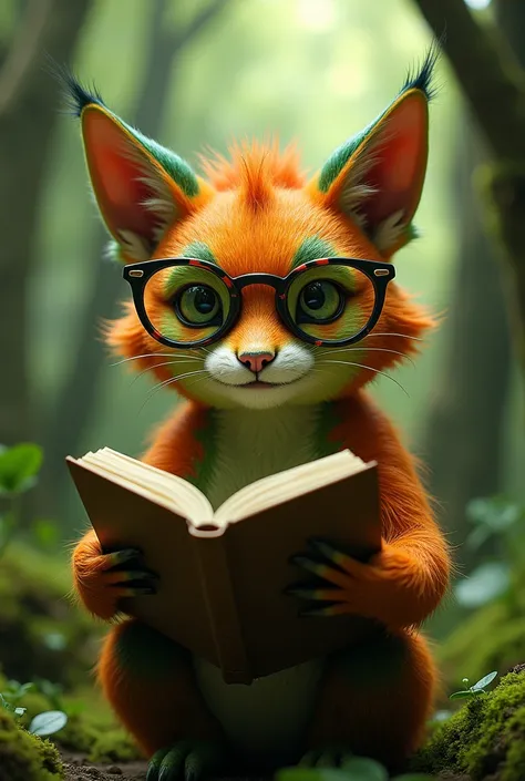 A close-up of an imaginary ferocious orange and green animal with glasses telling a story with a book in a forest
