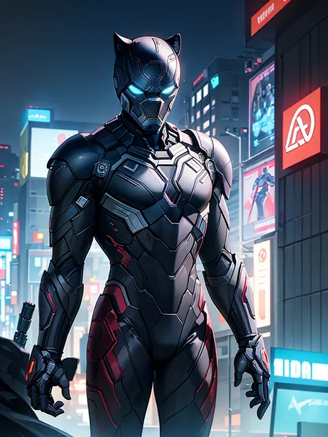 A black panther wearing a suit like iron man and having apps behind him, neon glowing city