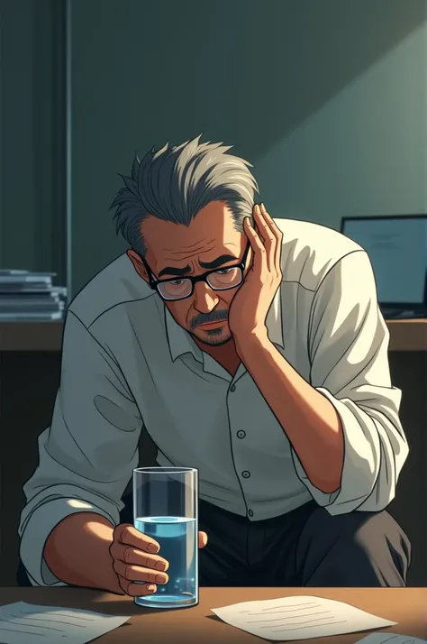 Tired anime man drinking water from a glass