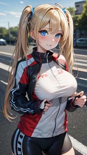 Blonde,Long twin tails,Very curled hair,Bright blue eyes,freckles,Big Breasts,teenager,Skin-tight clothing,Road bike,bicycle