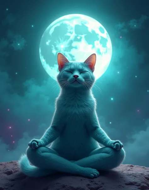 Create a super realistic cat, turquoise, ele is meditating sob a lua cheia, is calm and happy, Hes cute, and has his eyes closed, is meditating , In Lotus position, o fundo é a galaxia turquoise com roxo