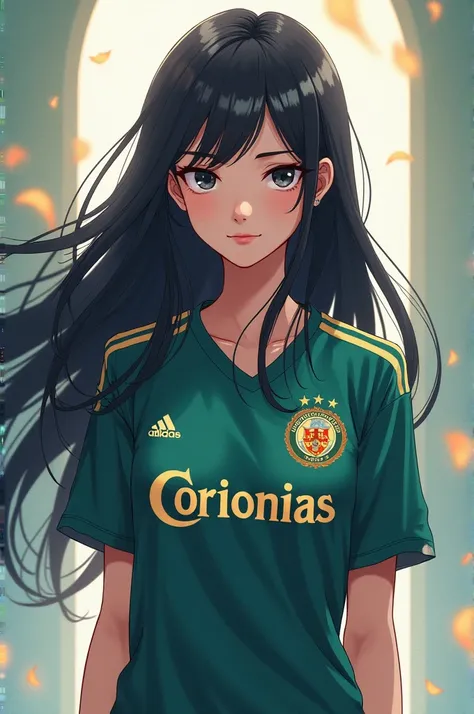 white girl with long black hair, Corinthians shirt, anime style