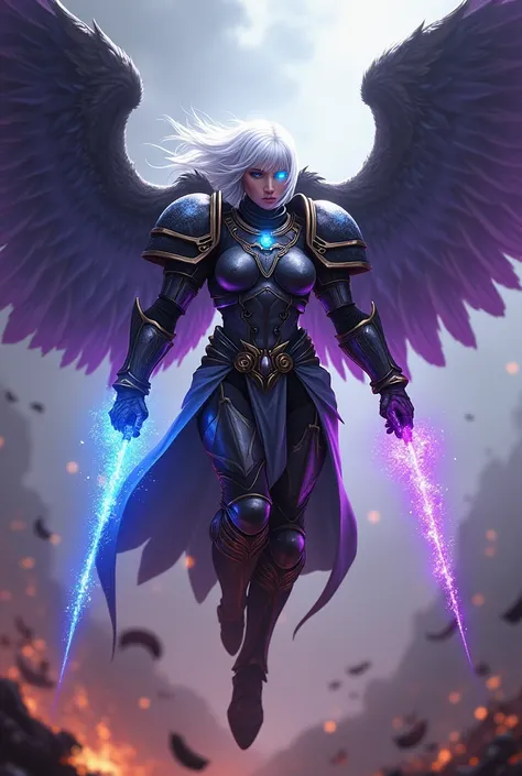 space marine, Warhammer 40K, Big woman, complete tying servant, eye in armor decoration, Egyptian decoration, purple and blue gradient, short white hair, additional eye on cheek with blue glitter, big wings, blue wings with purple sparkles, using blue and ...