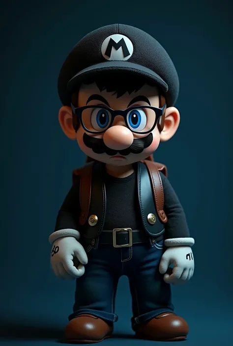 Mario bross emo baby with leather vest, mustache, Transparent glasses, brown backpack and looking straight ahead with dark blue background 