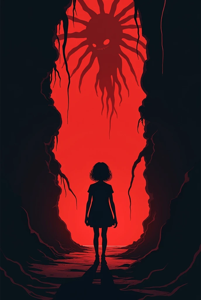 A dramatic side-view scene inspired by Stranger Things Season 2, rendered in a minimalist style reminiscent of Olly Moss. Eleven is depicted levitating in front of the massive, glowing gate to the Upside Down within the Hawkins National Laboratory. The bac...