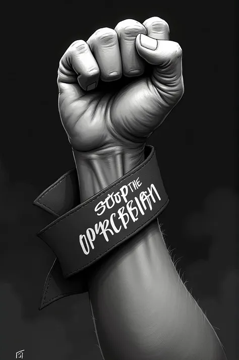 fist holding a ribbon with text “stop the oppression 