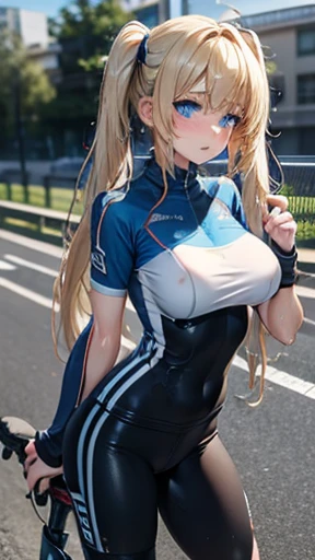 Blonde,Long twin tails,Very curled hair,Bright blue eyes,freckles,Big Breasts,teenager,Skin-tight clothing,Road bike,bicycle,Sweat,Wet clothes