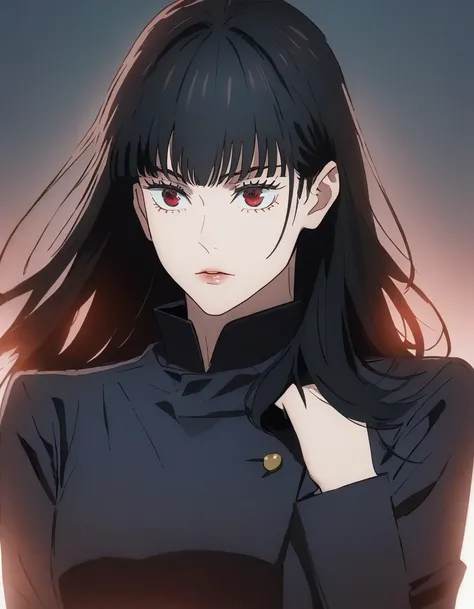 a woman (female) with long black hair with bangs (long black hair), red eyes (red), beautiful, cute, jujutsu kaisen uniform, artwork, lighting