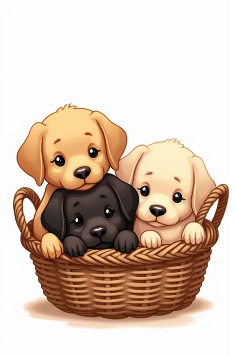 /Create a drawing of three Labrador puppies in a basket. The drawing must be on a white background with thick and thin lines.