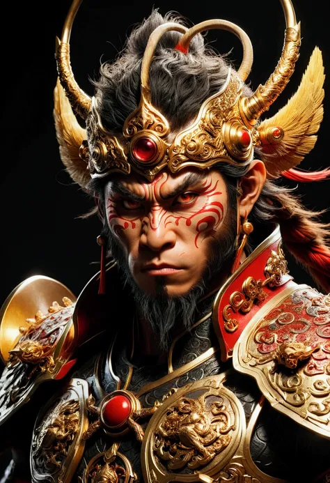 Monkey face, Wukong, Black Myth, a highly detailed 3D render of the character Sun Wukong from the video game Black Myth, masterfully crafted with extreme precision, dynamic lighting, dramatic camera angle, ornate detailed armor, muscular physique, fierce e...