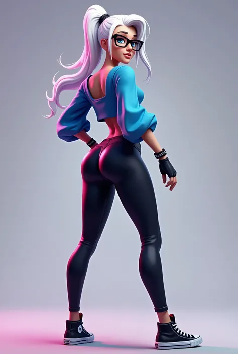 fortnite style girl, long white hair, Broad Hips, blue colored eyes, wearing glasses, Allstar Sneakers, sexy blue top blouse black leggings full body back
