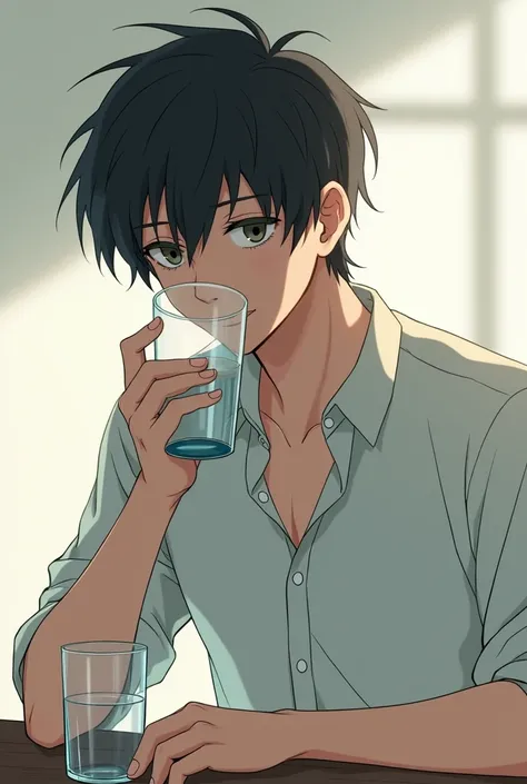 Tired anime young man drinking water from a glass, Japanese anime style . Striking image with Japanese anime features 

