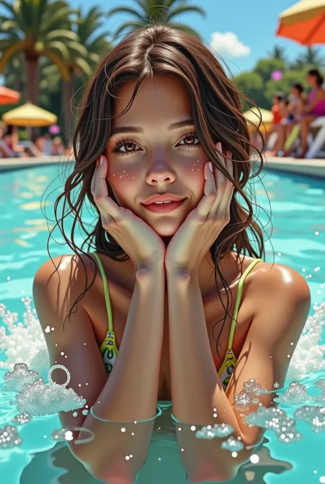 A beautiful girl at a water park sitting looking innocent, (photorealism:1.2), beautiful, normal hands, reg Rutkowski, by Alphonse Mucha, Masterpiece