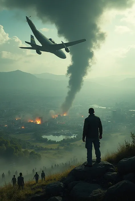 A scene of a plane crashing, with a tornado arriving in the city and a horde of zombies in the rural area with a lot of destruction and a view from the top of a mountain, super realistico