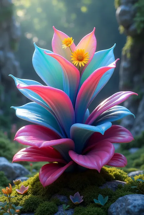 A plant with pink and blue leaves and yellow flowers 