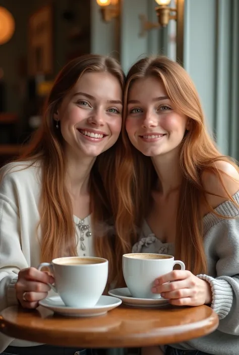 headshot, ukrainian girl, sitting at a café with beautiful smiling girl, on table two cup of coffee, BREAK dress, hands on table, BREAK makeup, long straight hair, pale skin, fair skin, white skin, BREAK AS-Adultб BREAK russet hair