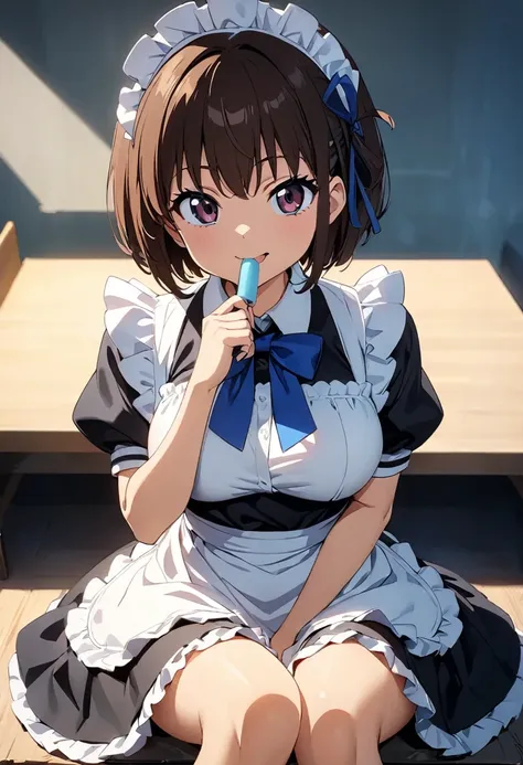 (Highest quality:1.2, 4K, 8k, Studio Anime, Very detailed, up to date, Vibrant, Attention to detail, High Contrast, masterpiece:1.2, Highest quality, Best aesthetics), (((1 person))), Sitting, maid, maid服, Blue Ribbon, Frills, Lick:1.2, smile, Popsicles, 舌...