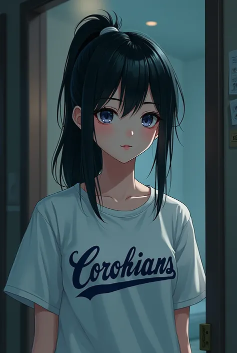 white girl with ponytail hairstyle black hair color white Corinthians shirt anime style Five Nights at Freddys theme