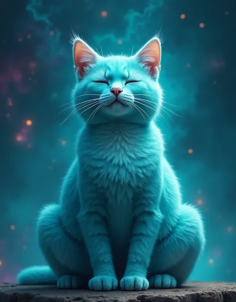 Create a super realistic cat, turquoise, he is meditating, is calm and happy, Hes cute, and has his eyes closed, sitting meditating, o fundo é a galaxia turquoise com roxo