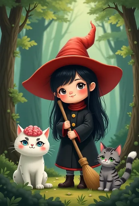 White chubby girl witch with blushing cheeks, black hair, black clothes and a red hat, with a broom and that he is in the forest, accompanied by a white cat with two grey spots on her head like a brain and another grey kitten with black stripes and one blu...