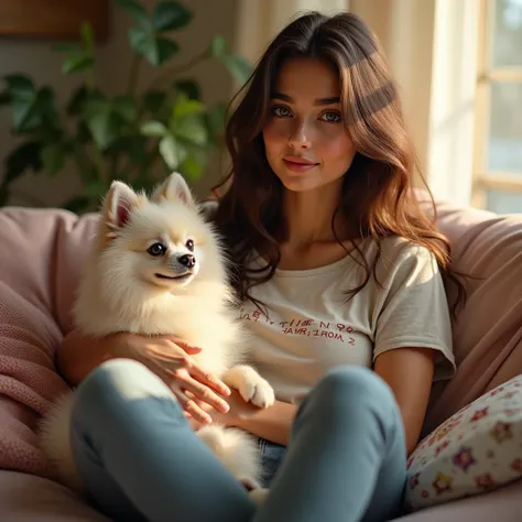 A 2 Brazilian woman sitting on the couch at home with her Pomeranian dog (German Spitz) with white fur and small size, The woman has long, wavy brown hair down to her waist, tanned skin with light freckles, greenish brown eyes, casual and trendy style. Lik...