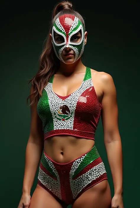 Create me a unique 2-piece sequin women&#39;s wrestling suit and a mask with the colors of the Mexican flag that is also a wrestling mask. 