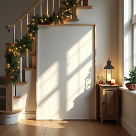 An ultra-realistic entryway decorated for Christmas, featuring a vertical DIN A-sized white-framed blank canvas leaning against the wall on a rustic wooden console table. The canvas reflects the twinkling lights of a Christmas garland draped along the stai...