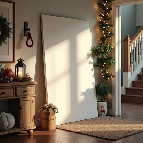 An ultra-realistic entryway decorated for Christmas, featuring a vertical DIN A-sized white-framed blank canvas leaning against the wall on a rustic wooden console table. The canvas reflects the twinkling lights of a Christmas garland draped along the stai...