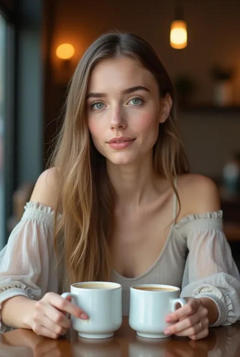 headshot, ukrainian girl, sitting at a café with beautiful girl, on table two cup of coffee, BREAK dress, hands on table, BREAK makeup, long straight hair, pale skin, fair skin, white skin, BREAK AS-Adult, grey eyes